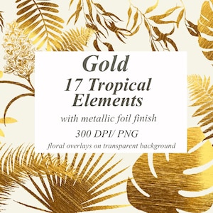 Elementi tropicali dorati, clipart oro Sovrapposizioni di fiori d'oro