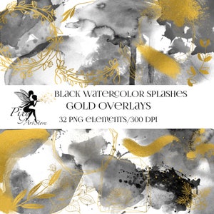 Black Watercolor Splashes and Gold Overlays, 32 PNG, Background watercolor, Gold Clipart, PNG Watercolor Splashes, Black and Gold clipart