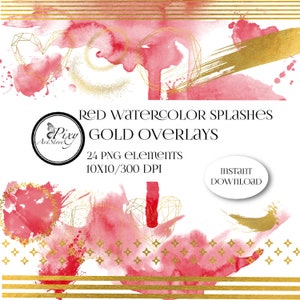 Rote Aquarell Spritzer und Gold Überlagerungen, Hintergrund Aquarell, Gold Clipart, PNG Aquarell Spritzer, Rot und Gold Clipart