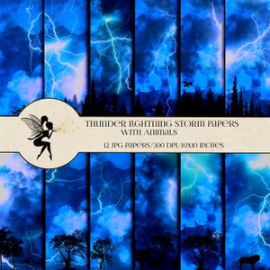 Thunder Lightning Storm Papers with Animals and Trees, Digital set papers, Instant download, Blue Thunder Background, Lightning Papers