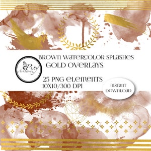 Brown Watercolor Splashes and Gold Overlays, Background watercolor, Gold Clipart, PNG Watercolor Splashes, Brown and Gold clipart