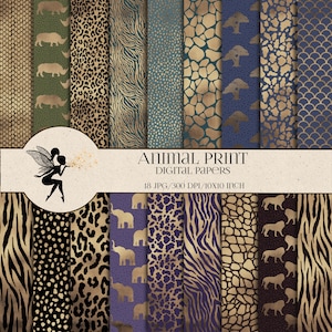 Animal Print Digital paper pack, Safari animal print, Scrapbook paper, Gold animal print, Instant Download, Leopard, Giraffe, Zebra, Jaguar