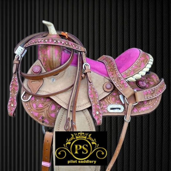 Western Leather Barrel Racing Horse Saddle Tack With Matching Headstall & Breast Collar  , Size 10” to 18” Inches Seat.