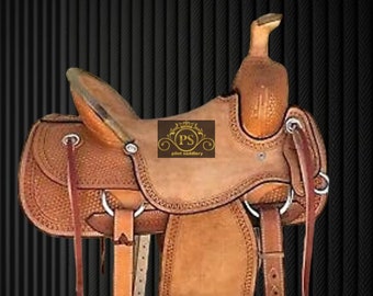 Western Roper Ranch Horse Saddle Tack With Matching Headstall, Breast Collar & Back Cinch, Size 10” to 18” Inches Seat.