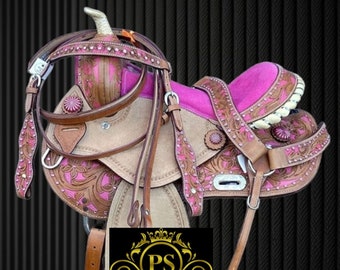 Western Leather Barrel Racing Horse Saddle Tack With Matching Headstall & Breast Collar  , Size 10” to 18” Inches Seat.