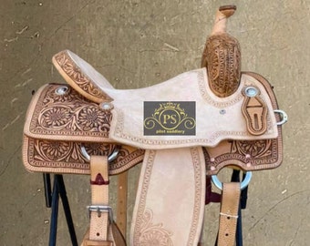 Premium Leather Hand Carved Western Ranch Roping Horse Saddle With Matching Headstall, Breast Collar, Reins & Back Cinch. Size(10" to 18")