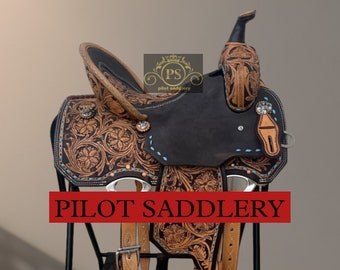 Western Leather Barrel Racing Horse Saddle Tack With Matching Headstall, Breast Collar & Back Cinch, Size 10” to 18” Inches Seat.