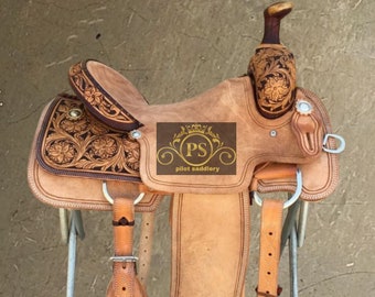 Premium Leather Hand Carved Western Ranch Roping Horse Saddle With Matching Headstall, Breast Collar, Reins & Back Cinch. Size(10" to 18")