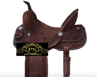 New Style Western Barrel Horse Saddle Tack With Matching Headstall, Breast Collar & Back Cinch, Size 10” to 18” Inches Seat.