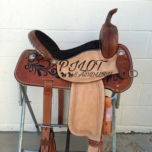Western Leather Barrel Racing Horse Saddle Tack With Matching Headstall, Breast Collar & Back Cinch, Size 10” to 18” Inches Seat.