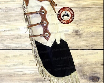 Handmade Western Chinks Suede Leather Floral Tooled Two Tone Chaps for Kids Adult Men Women Unisex.