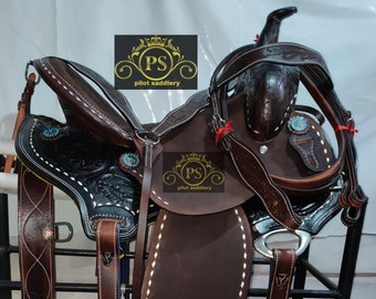 Western Leather Strip Down Barrel Racing Horse Saddle Tack With Matching Headstall, Breast Collar & Back Cinch, Size 10” to 18” Inches Seat.