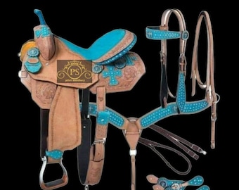 Western Leather Barrel Racing Horse Saddle Tack With Matching Headstall, Breast Collar & Back Cinch, Size 10” to 18” Inches Seat.