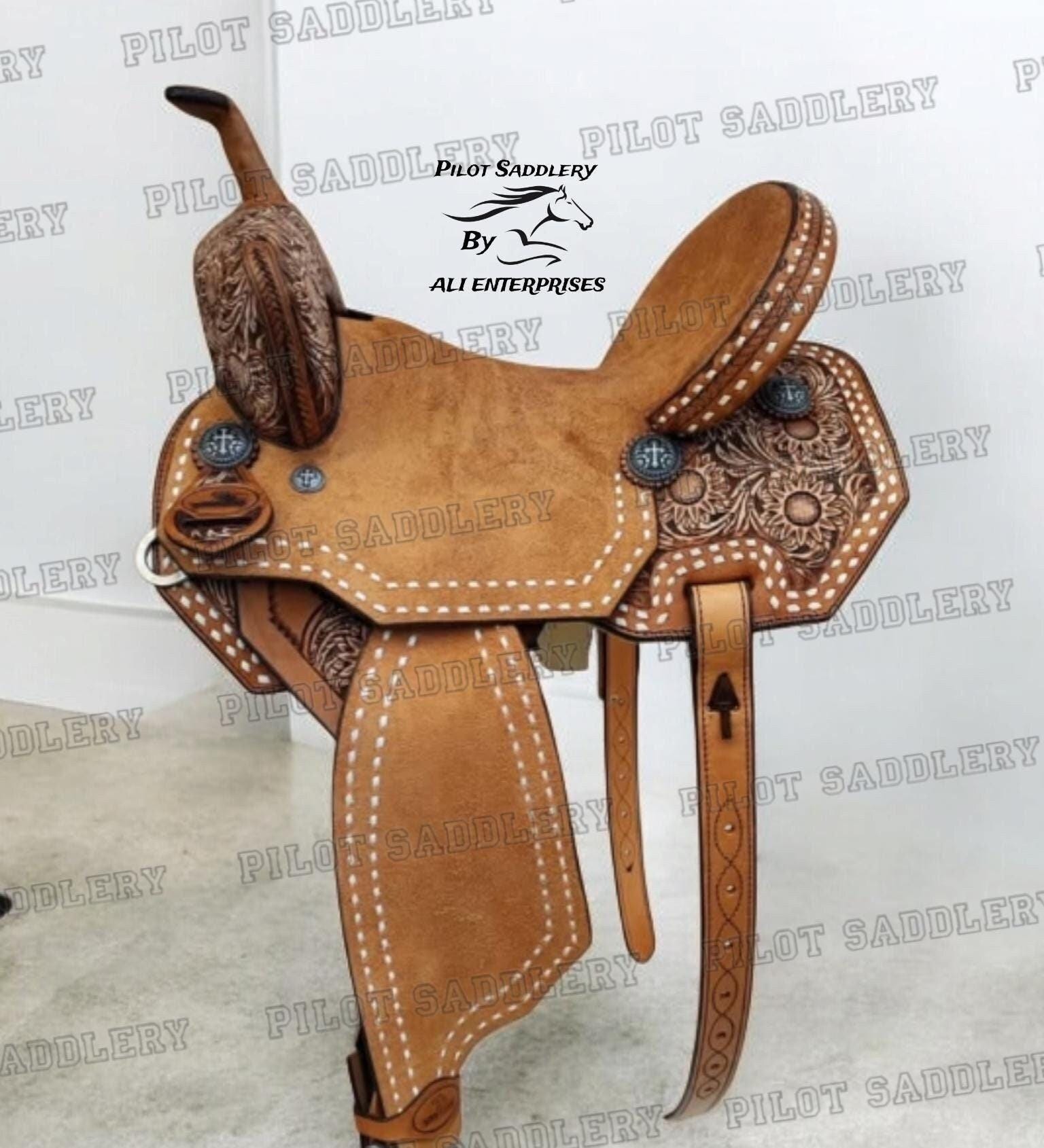 Western Leather Barrel Racing Deep Seat Horse Saddle Tack With Matching Headstall, Breast Collar & Back Cinch, Size 10” to 18” Inches Seat.