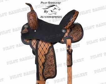 Hand Tooled Leather Western Barrel Racing Saddle, Floral Design, 10-18 Inch
