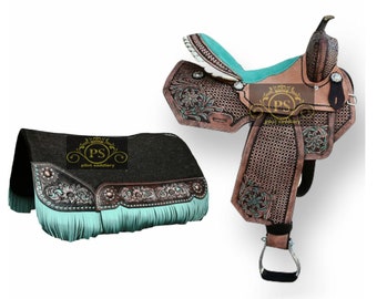 New Style Western Barrel Horse Saddle Tack With Matching Headstall, Breast Collar & Saddle Pad, Size 10” to 18” Inches Seat.