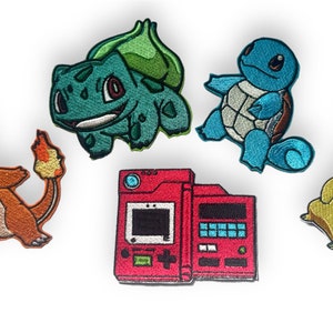 May include: Five embroidered iron-on patches featuring Pokemon characters. The patches include Bulbasaur, Squirtle, Pikachu, Charmander, and a red and white Game Boy.