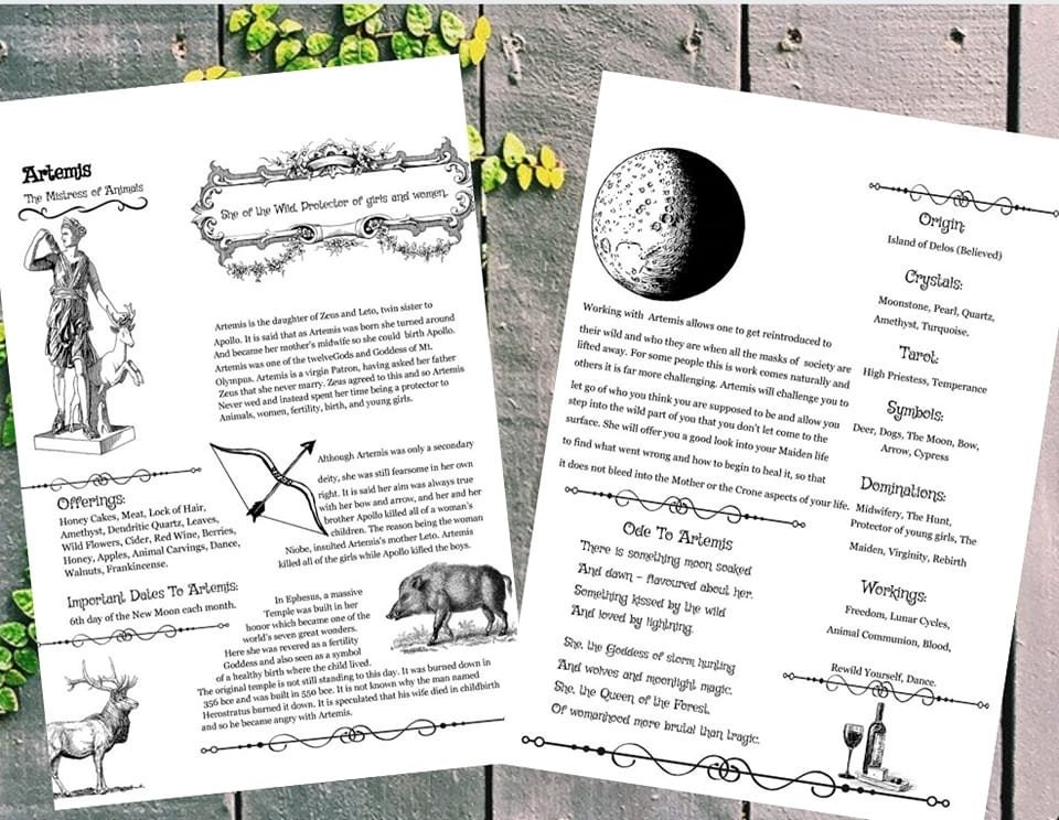 Artemis Deity Printable Page Artemis BOS Page Book of Etsy