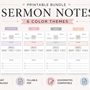 May include: A printable sermon notes bundle featuring six color themes: neutral, lavender, pink, gray, peach, and blue. Each page includes fields for date, church name, speaker, topic, bible verses, and main points. The document is US letter size 8.5" x 11".