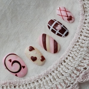 Choco Hearts &lt;3 • Sweet, Neopolitan, Custom, Freestyle, Press on Nails, Teacup, Gel, Faux Nails, Handmade, Unique, Soft Style, Reusable • #3