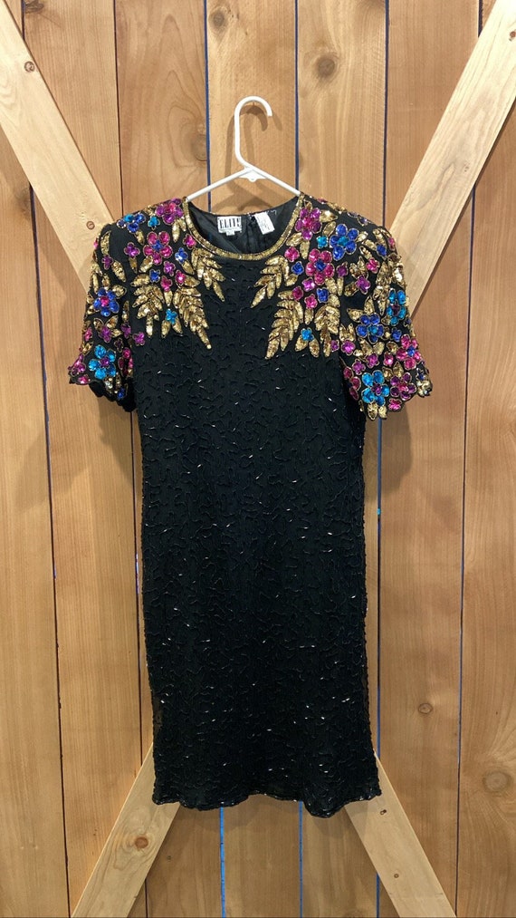 Vintage 80s sequin black floral dress