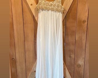 70s Gold Floral Vintage Gown: Sleeveless Sheer Overlay