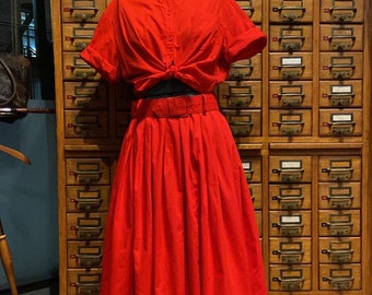 Red two piece shirt and skirt set