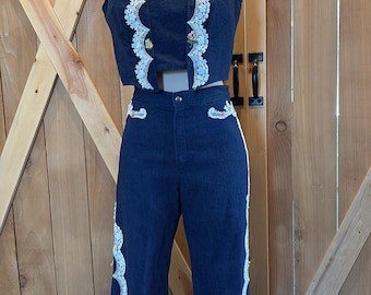 Flower and lace denim pant and top set