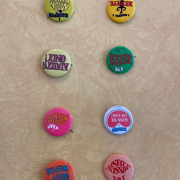 Vintage slurpee 7-Eleven tin litho pin back buttons. Assortment, choose one or all.