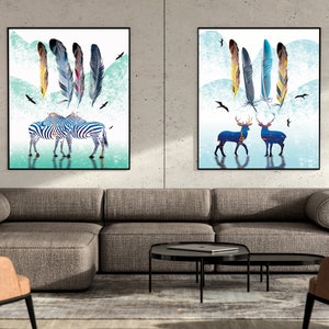 Cerf, Zèbre art, Art mural moderne, Set of 2 prints, Poster print, art animalier abstrait, silhouette, peinture décorative, poster animalier