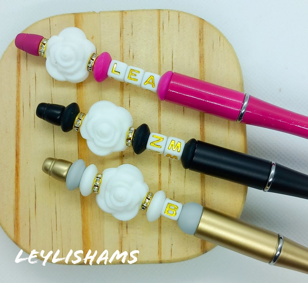 Personalized White Rose Pens in Silicone Beads and Rhinestones Etsy