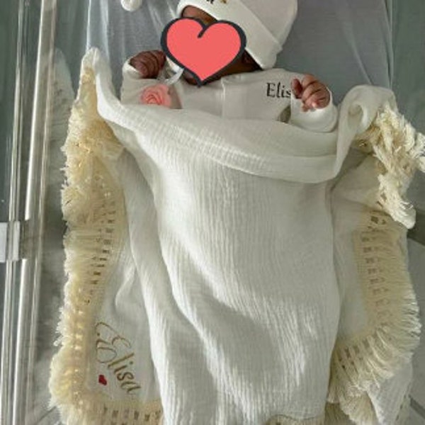 Couverture De Bébé En Mousseline De Coton Avec Nom Personnalisé, Serviettes De Couette Pour Bébé, Anneau De Dentition, Bavoirs Pour Bébé, Ensembles Cadeaux Pour Nouveau-né, 4 Pièces/ensemble