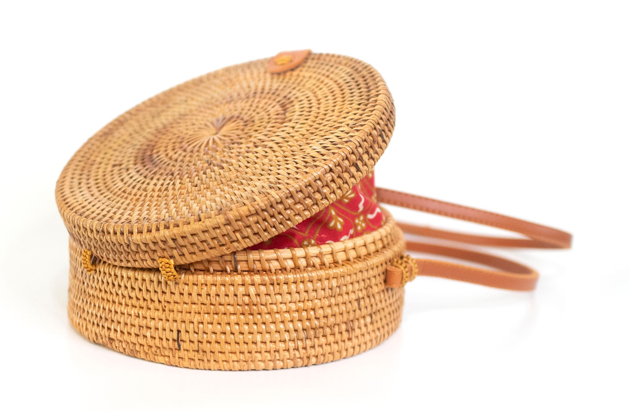 The Classic Round Rattan Crossbody Bag With Colourful Batik Print