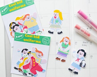 Cool kid uniforms sticker pack 6pcs l Student bear stickers l Cute diary stickers l Bullet journal stickers