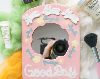 Good day with bunnies mirror l Wall deco l Handmade ceramics l Cute pottery