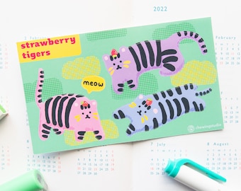 Strawberry tigers glossy sticker sheet l Cute dreamy stickers l Animal stickers l Journal stickers
