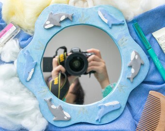 Orcas and Whales swimming large mirror l Wall deco l Handmade ceramics l Pottery