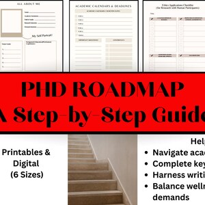May include: A red banner with the text "PHD ROADMAP A Step-by-Step Guide" in black text. Below the banner are images of printable and digital planners for PhD students. The planners include sections for "All About Me", "Academic Calendars & Deadlines", "Ethics Application Checklist", and "Goal-Oriented Annual Planner". The text "Most comprehensive PhD planner (83 pages)" is in the lower left corner. The text "Printables & Digital (6 Sizes)" is in the lower middle. The text "Helps you: Navigate academic journey, Complete key academic tasks, Harness writing skills, Balance wellness & academic demands" is in the lower right corner.