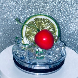 Lime + Cherry - Fruit Tumbler Topper that fit the 20 oz & 30oz skinny straight Stainless Tumbler - Fruit Topped Lid - Tumbler Toppers