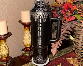 NEW Deadly Damask tumbler topper, boot, charm for Stanley 20 30 or 40 oz Tumblers, Halloween accessories, black moth snake sugarskull