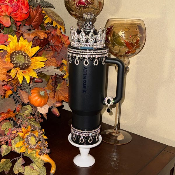 Accessoires élégants de princesse royale en strass noir et argent pour gobelets Stanley, fantaisie Queen Bling, collection Boujie, cadeau unique