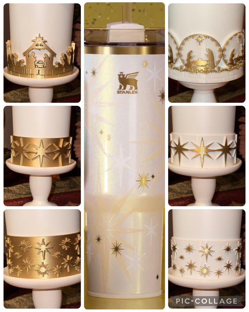 May include: White insulated tumbler with gold star and snowflake accents. The tumbler features the Stanley logo and a gold rim. Additional images show white candle holders with gold star and nativity scene designs.