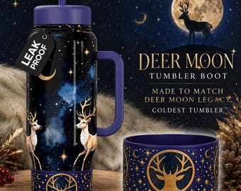 Deer Moon Tumbler Boot, Fathers Day, fits Stanley, Hydrojug, Coldest Tumblers and others, Unique Hunting Gift, navy gold matching colors