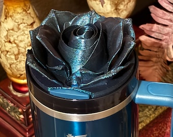 3D Rose Deep Dark Teal Shimmer Tumbler Topper that fit the Stanley tumbler lids, BEST SELLER