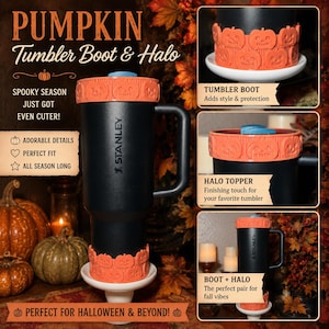 May include: A black Stanley tumbler featuring an orange silicone boot and halo topper, both embossed with a repeating jack-o'-lantern pattern. The set includes a protective base cover and a decorative rim accessory for the top of the drink container.