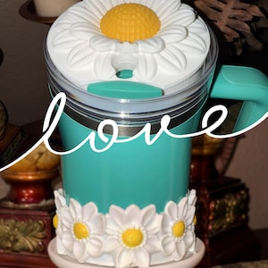 Daisy Tumbler Boot or lid topper, White Yellow, Protective Sleeve, Floral Boot, Fit's 20 30 and 40 oz  Stanley, Flowers Tumbler Accessories