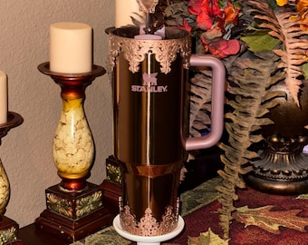 Damask Lace Tumbler Halo or Boot, Straw topper, Stanley  accessories, unique gift, rose gold dark brown, Quencher Pro Tour