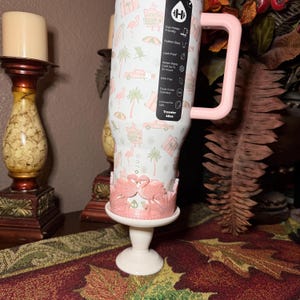 Beach Road Trip Cabana Flamingo Palm Tree Tumbler Boot, Unique Gift, Hydrojug, Stanley, multiple color Peachy Pink Flamingo