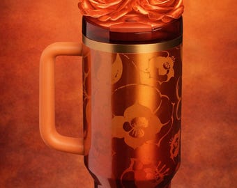 Red Gold Ombre Rose Tumbler Topper that fit the 20 30 oz and 40 oz Stanley tumbler lids