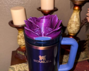 Purple Shimmer Rose Tumbler Topper that fit the Stanley 20 30 and 40 oz quencher tumbler lids, unique gift